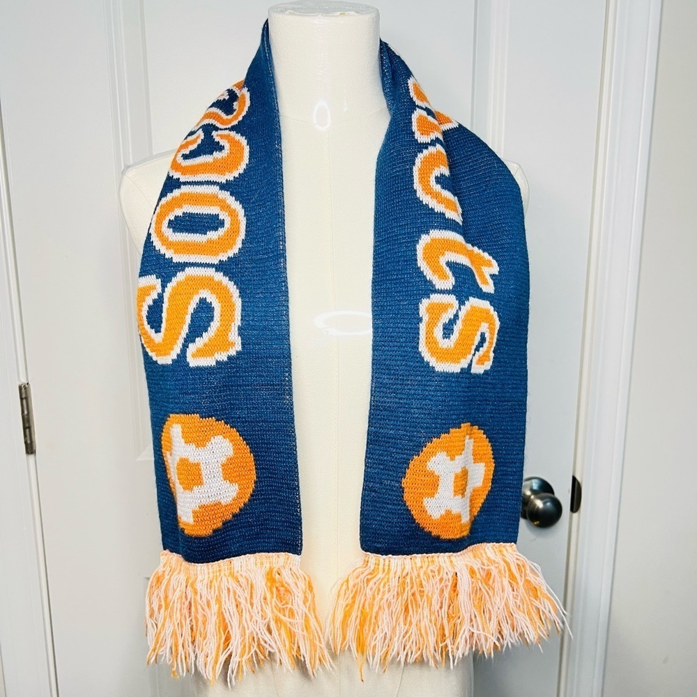 Soccer Shots reversible knitted orange and navy scarf Fringe